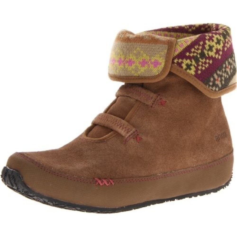 Ahnu Brown Suede Fair Isle Knit Fold Over Ankle Boots Womens 7.5 Cabincore